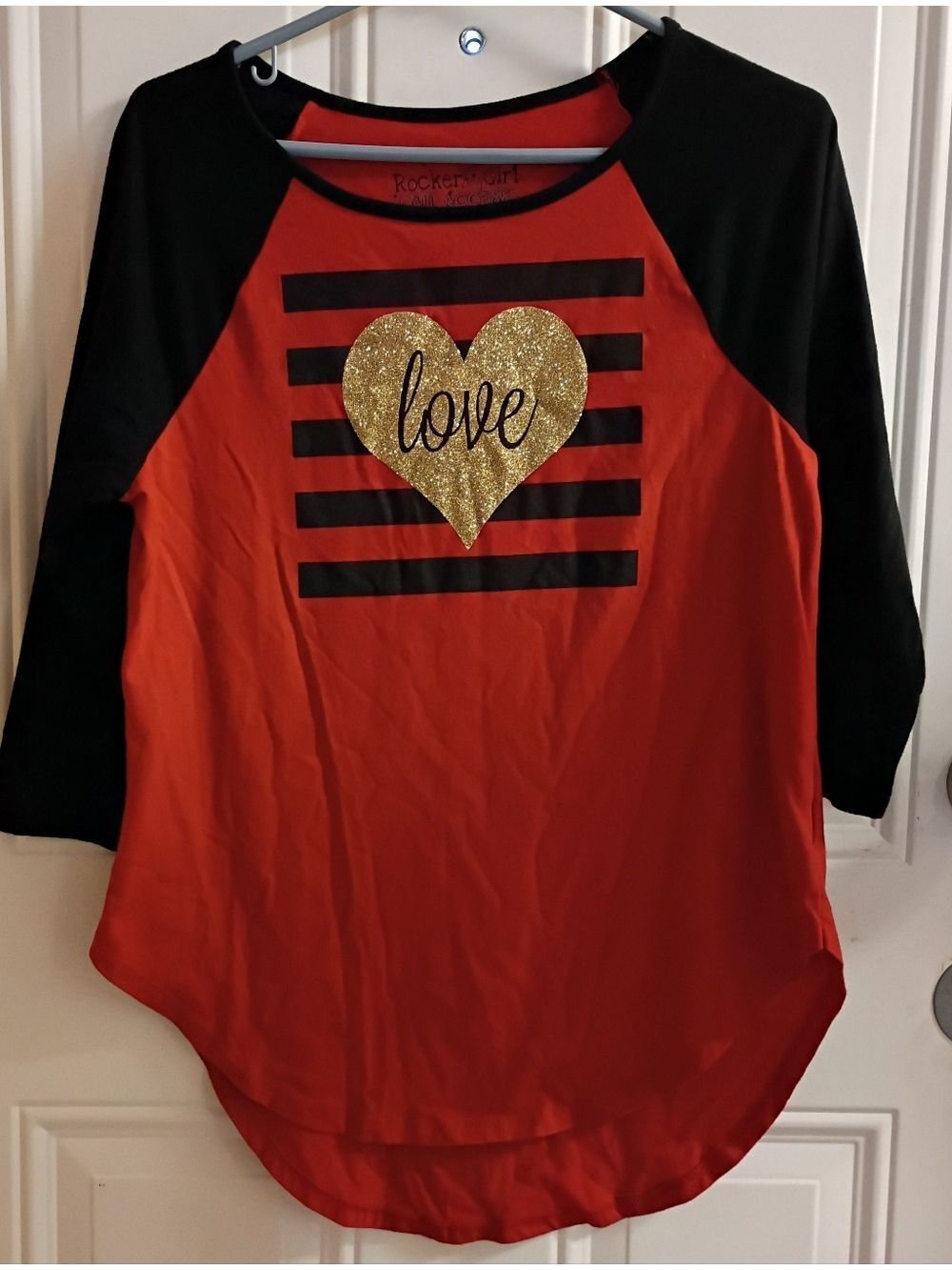 2/$10 Vintage Rocker Girl Red Tee with Glitter Gold Heart "Love"
